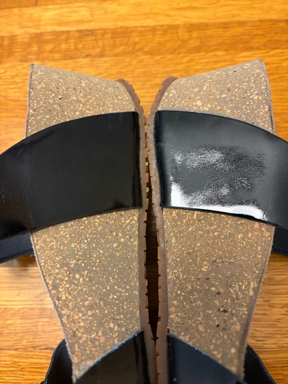 Mephisto 37 (7-7.5) EUC Black Patent Slide Platform Sandals w Rhinestone Buckles - Picture 7 of 12